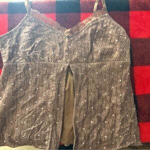 Lace Overlay Spaghetti Strap Tank Top in Taupe